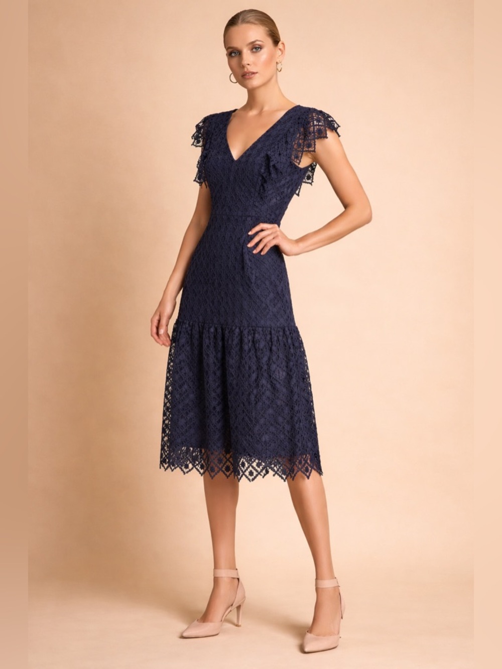 Antonio Melani Bella Chunky Lace Flutter Sleeve Navy Dress NWT Size 4